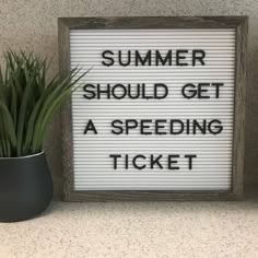 a sign that says summer should get a speeding ticket next to a potted plant