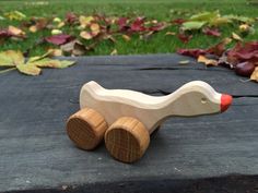 a wooden toy bird sitting on top of a black surface next to leaves and grass