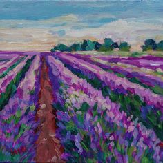 an oil painting of a lavender field with trees in the background