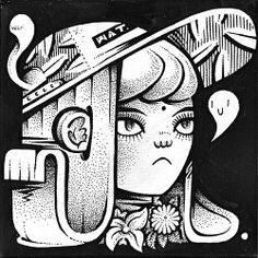 a black and white drawing of a woman wearing a hat with flowers on her head