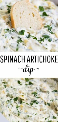 spinach artichoke dip in a white bowl with bread on top and text overlay that reads spinach artichoke dip