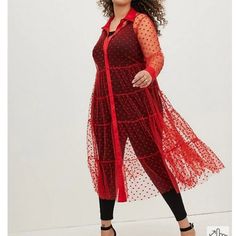 Nwt Torrid Plus Size Size 1x 14-16 Materials + Care Mesh Woven Fabric. 97% Polyester, 3% Spandex. Machine Wash Cold. Dry Flat. Imported. Details Collared. Tiered Button Front. Hearts Detail. Cuffed Sleeves. #Swim Coverup #Duster Plus Size Robes, Kimono Yukata, Kimono Wrap, Heart Button, Red Hearts, Sheer Blouse, Kimonos, Woven Fabric, Kimono Top