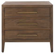 a wooden nightstand with two drawers and brass handles