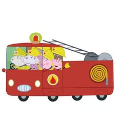 the peppa pig family is riding in an open firetruck with their friends