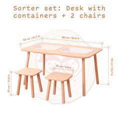 the table and two chairs are shown with measurements for each piece in this set,