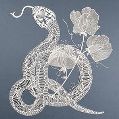 a drawing of a snake with flowers in its mouth