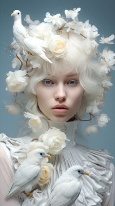 a woman with white hair and flowers on her head is surrounded by two doves