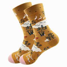 Birds, bunnies and other creatures gather around a fish-filled pond on these cheerful socks - all on a background of warm mustard-brown.If your feet are happy, your day is on its way to being a good one. That's why our socks are not only durable and comfortable, they add another level of style to your wardrobe, too. Our women's socks are soft and strong - with hand-sewn toes for a smooth finish. These socks are a combination of: 65% cotton (for cool, dry, comfortable feet) 32% polyamide (for an Brown Socks, Pink Toes, Women's Socks, Being Good, Flora And Fauna, Style Expert, Socks Women, Vermont, Hand Sewn