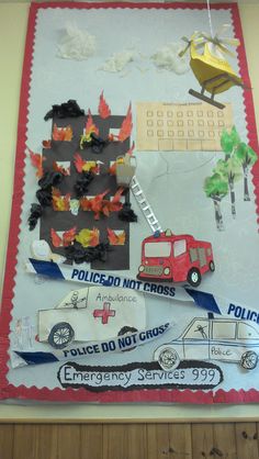 a bulletin board with different types of vehicles and firetrucks attached to it