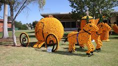 two oranges shaped like horses pulling a carriage made out of balls and plastic bottles