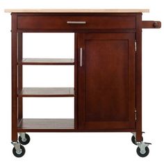 a kitchen cart with a wooden top and two shelves on one side, three wheels on the other