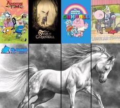 the cartoon characters are depicted in this series of pictures with horses and unicorns on them