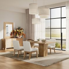 a dining room table with white chairs next to a large window