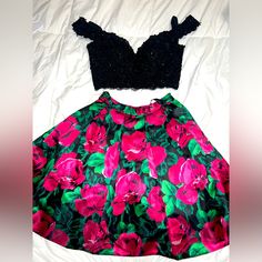 Sheri Hill Two Piece Homecoming Dress. Black And Pink Themed Floral Pattern Satin Full Skirt With Black Sequin And Lace Detailed Off The Shoulder Top. Sherri Hill Floral Dress, Black Sherri Hill Dress, Homecoming Dress Black, Black Prom Dress Sherri Hill, Sheri Hill, Sherri Hill Black Dress, Sherri Hill Short, Sherri Hill Black Dress Short, Two Piece Homecoming Dress