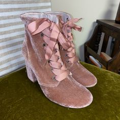 Nwot. Dusty Pink Suede. Ribbon Bow Tie Laces. Never Worn. Pink Round Toe Booties For Fall, Spring Fitted Booties With Round Toe, Fitted Spring Booties With Round Toe, Fitted Booties With Round Toe For Spring, Winter Party Lace-up Booties, Suede Lace-up Boots For Party In Spring, Spring Party Suede Lace-up Boots, Spring Party Lace-up Suede Boots, Party Lace-up Winter Booties