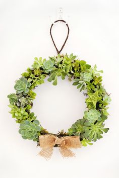 a green wreath with succulents and burlocks hanging on a wall