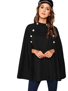 Amazon.com: MAKEMECHIC Women's Double Button Cloak Sleeve Elegant Cape Mock Poncho Classy Coat: Clothing Mantel Cape, Fall Fashion Coats, Outfit Essentials, Shein Dress, Fall Coat