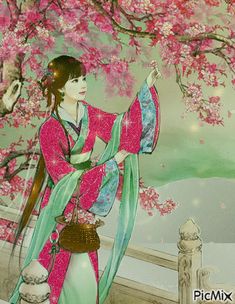 a painting of a woman in pink and green holding a fan next to a tree