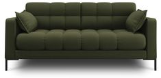 a green couch with two pillows on the back and one pillow sitting on top of it