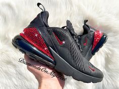 Bling Nike Air Max 270 Shoes Hand Customized with Genuine Swarovski Crystals **Please note you may receive the Youth or Men's version of the shoe, but it will correlate to the correct Women's size. Colors: Black w/ Black Soles Model and Color Code: #EB Note: Box may be missing top lid or shoe box Each and every Swarovski crystal is set by hand with top quality, permanent adhesive. Our products come direct from the manufacturer or authorized retailers, and are 100% authentic. We offer free crysta Nike Presto Black, Bedazzling Ideas, Womens Nike Air Max 270, Bling Nike Shoes, Nike Air Max Pink, Nike Neon, Nike Presto, Black Nike Shoes, Custom Bling