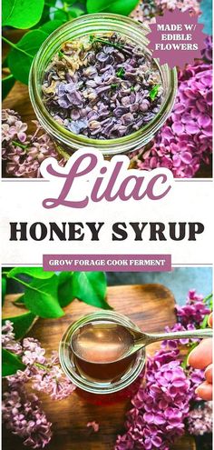 lilac honey syrup in a glass jar next to flowers