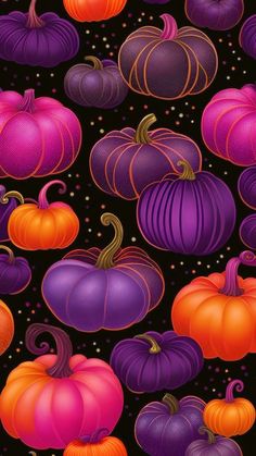 a bunch of different colored pumpkins on a black background with orange and purple stripes