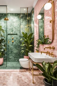 Green pink bathroom Pink Tiled Bathroom, Green And Pink Bathroom, Baie Vintage, Tiled Bathroom, Bathroom Design Decor, Bathroom Inspiration Decor, Bathroom Inspo, Green Bathroom, Dream House Interior