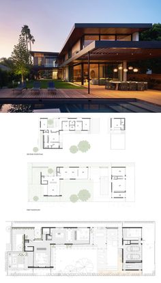 the floor plan for this modern house is shown in two separate sections, with an open - air kitchen and living area