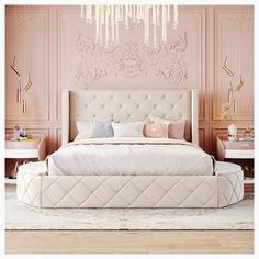 a large bed sitting next to a pink wall with chandelier hanging from it