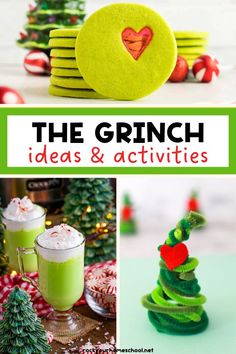 3 examples of The Grinch activities for kids like stained-glass heart cookies, slow cooker stain-glass heart green cookies, and pipe cleaner Christmas tree crafts. The Grinch Activities, Grinch Activities, Grinch Crafts, Christmas Party Activities, Grinch Christmas Party, Christmas Watches, Grinch Party, The Grinch Stole Christmas