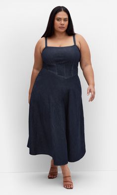 The Denim Corset Dress is your go-to summer essential! Discover City Chic online for women's plus size fashion. Denim Corset Dress, Resort Wear Dresses, Bootleg Jeans, Denim Short Dresses, Black Dress With Sleeves, Denim Corset, Casual Day Dresses, Exclusive Dress, Summer Essential