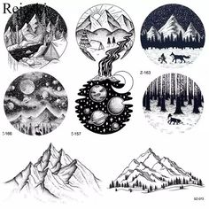 an image of mountains and trees in black and white with the words reis on them