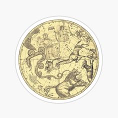 an antique map of the night sky with zodiacs and stars on it sticker