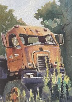 a painting of an orange truck parked on the side of a road next to trees