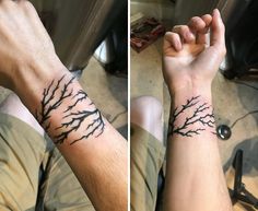 two pictures of the same wrist with trees on it and one has a tree branch tattoo