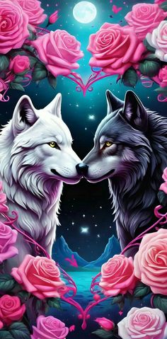 two white wolfs are kissing in front of pink roses with the moon behind them