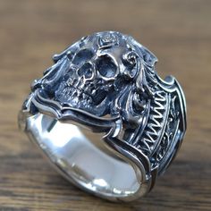 Gothic Skull Ringdelicate hand carving925 SolidSterling Nautical Rings, Men Wearing Rings, Gothic Jewelry Rings, Fantasy Rings, Wearing Rings, Biker Rings Mens, Skeleton Jewelry, Gothic Wedding Rings, Chains Silver