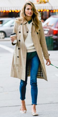 Jessica Hart looks chic while walking her dog in NYC. #DressingwithBarbie Burberry, Trench Coat, A Woman, Walking, Coffee, White