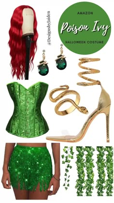 the costume is green and has many accessories on it, including shoes, necklaces, bracelet