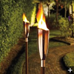 two torches lit in the middle of a garden