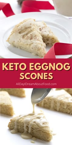 keto eggnog scones on a plate being drizzled with icing