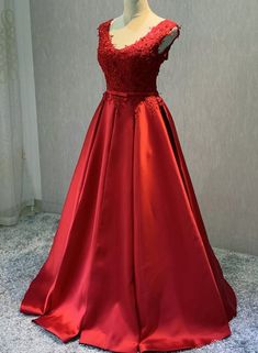 Red Satin V-neckline Floor Length Prom Dress Outfits For Girls Graduation Dress Long, Prom Dress Backless, Floor Length Prom Dress, Red Party Dress, Satin Evening Gown, Floor Length Prom Dresses, Corset Dress Prom, Dress Graduation, Long Formal Dress