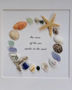 there is a frame with shells and starfish on it that says, the voice of the sea speaks to the soul