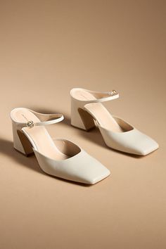 Leather upper, insole, sole Slip-on styling Imported | Square-Toe Mule Heels by Anthropologie in Beige, Women's, Size: 6, Leather Wedding Mules, Corporate Clothes, Boho Wedding Shoes, Bridal Shoes Low Heel, Feather Heels, Fun Wedding Shoes, Cream Heels, Comfy Heels