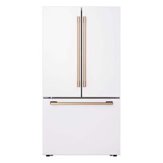 a white refrigerator freezer with two gold handles