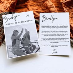 two cards that say, will you be my bridesmaid? and are next to each other