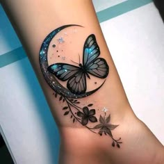 a butterfly on the wrist with flowers and leaves around it, in front of a blue background