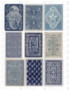 nine blue and white tiles with designs on them