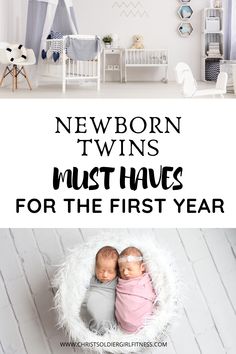 two twin babies in a basket with the words newborn twins must have for the first year