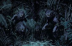 an image of some animals in the woods with glowing eyes on their faces and behind them are plants